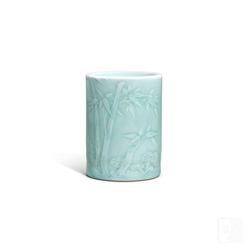 A celadon-glazed 'bamboo' brushpot, Tang Ying mark 唐英款青釉竹枝詩文筆筒